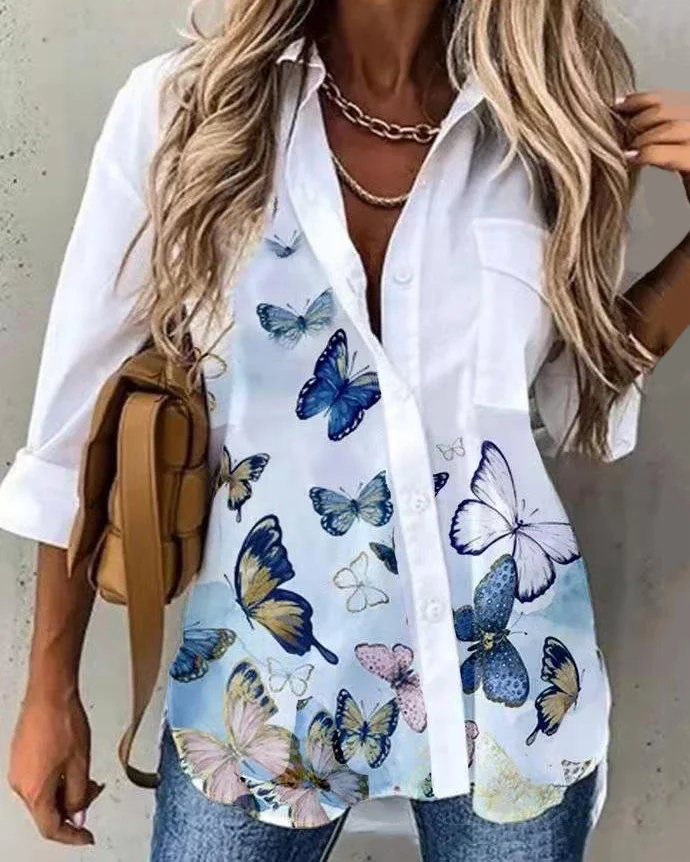 Butterfly Print Blouse White Long Sleeve Blouse