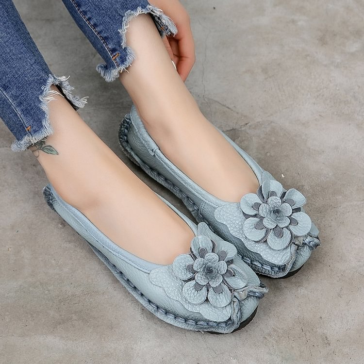 Women's Retro Flower Comfortable Leather Soft Sole Women's Shoes Peas Shoes Shallow Handmade Single Shoes