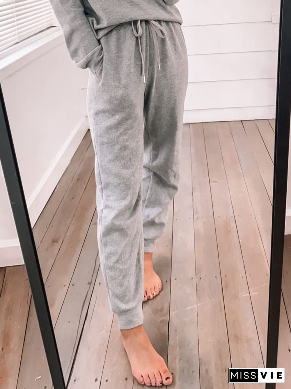 Casual Plain Elastic Waist Loose Two Piece Sets