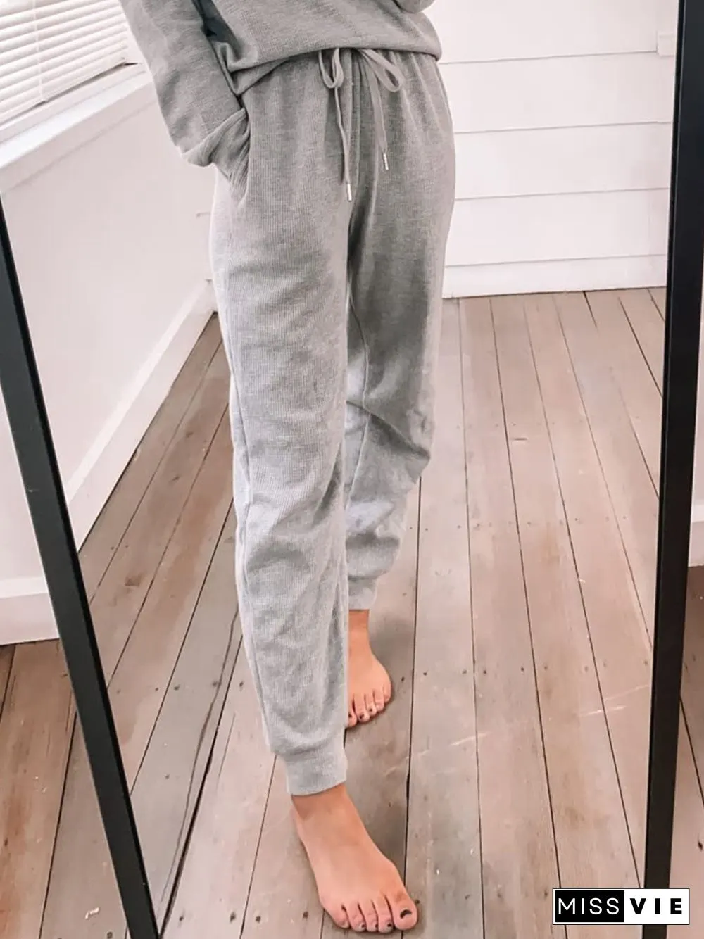 Casual Plain Elastic Waist Loose Two Piece Sets