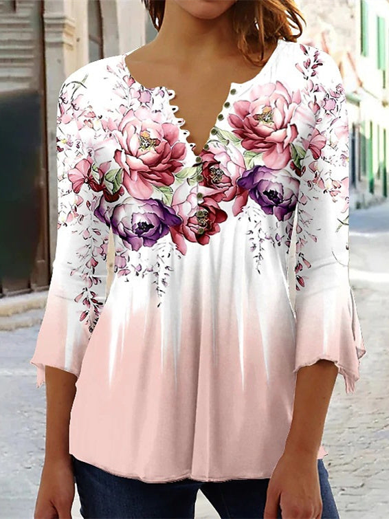 Women's Graphic Floral Printed V-Neck 3/4 Sleeve Top