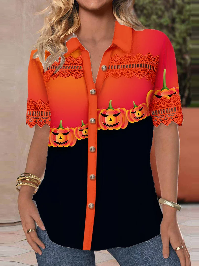 Women Short Sleeve V-neck Pumpkin Printed Graphic Lace Hollow Stitching Button Tops