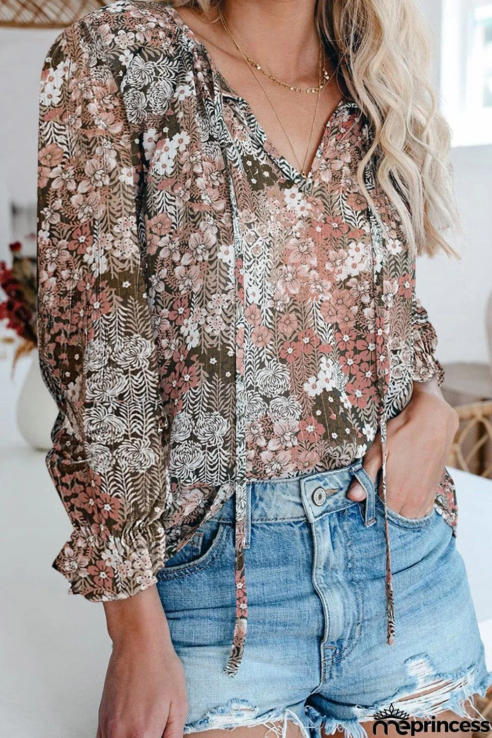 Printed Long Sleeve V-Neck Drawstring Shirt