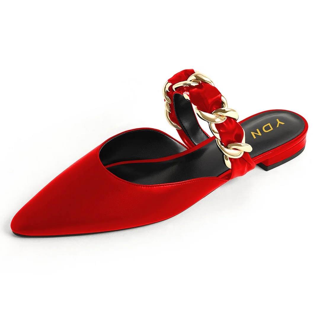 Red Satin Pointed Gold Chain Strap Flat Pumps for Elegant Ladies