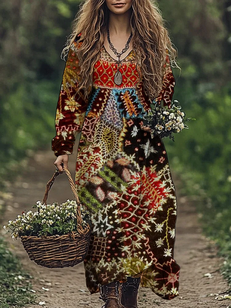Vintage Floral Patchwork Embroidery Art Women's Maxi Dress