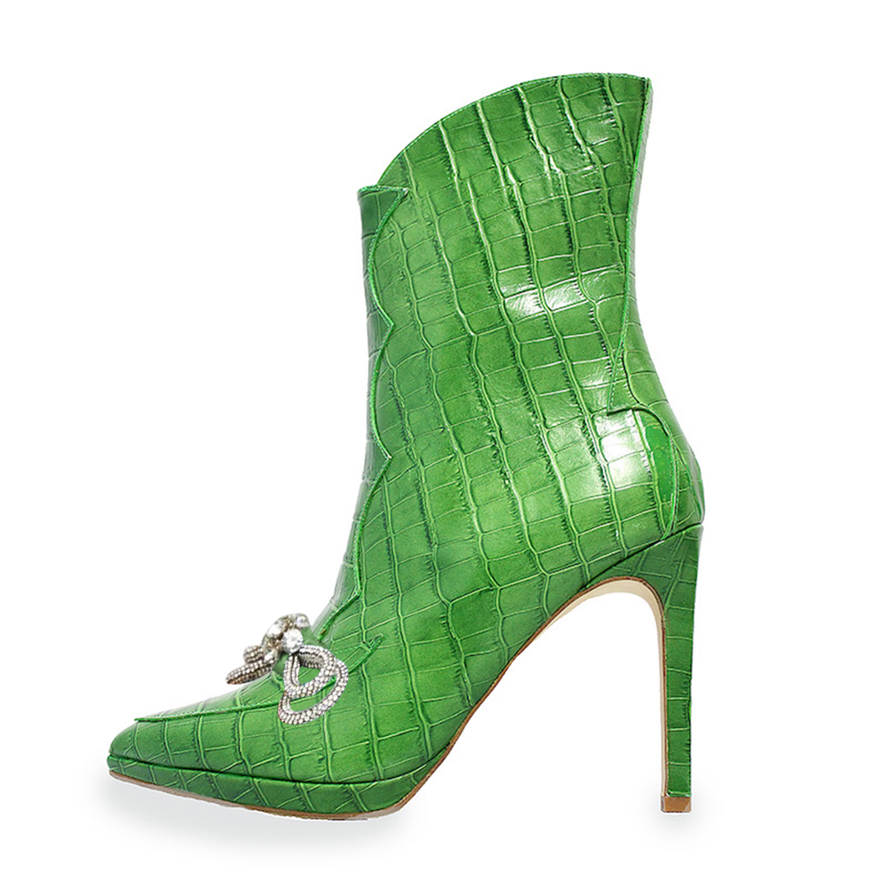 Green Pointed Toe Embossed Print Rhinestone Bow Heeled Boots Nicepairs