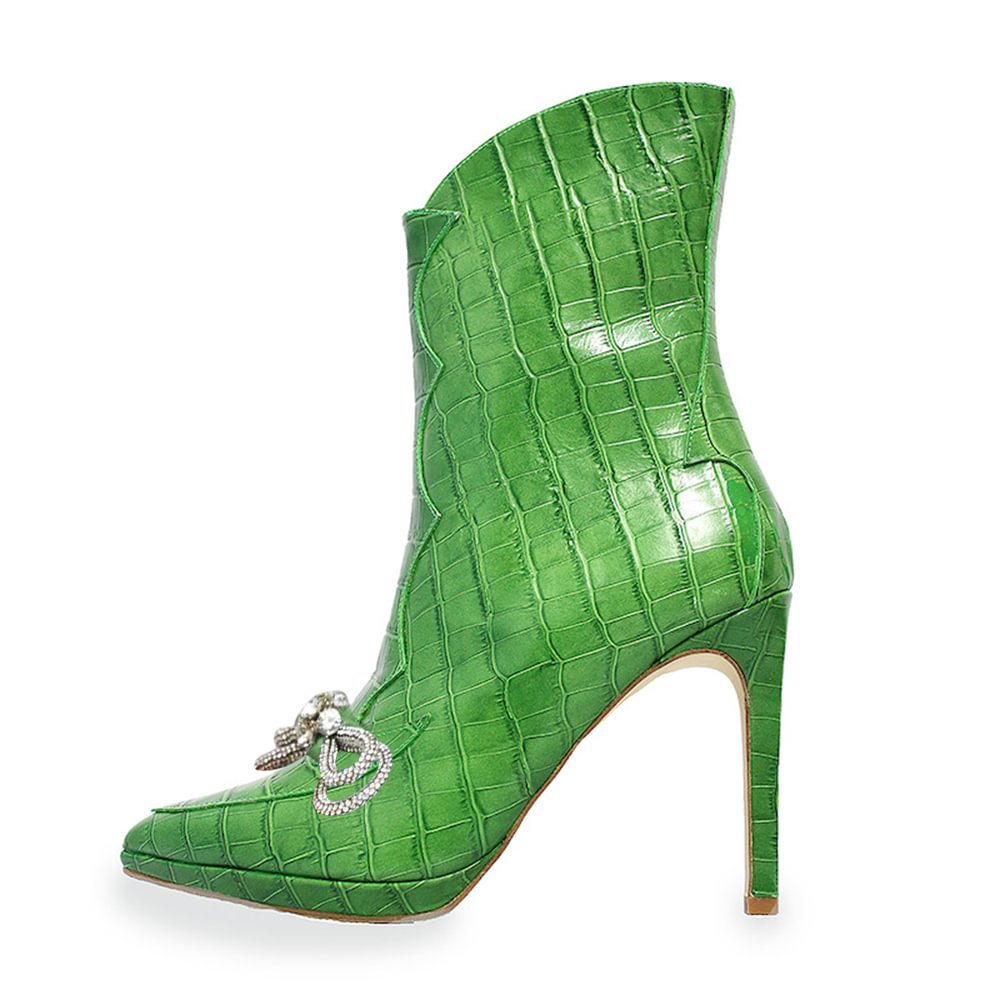 Pointed Toe Green Boots Leather Rhinestone Bow Ankle Boots Nicepairs