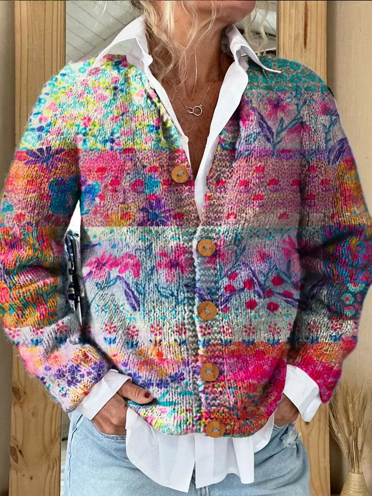 Colorful Floral Stripes Print Buttoned Cardigan Sweater