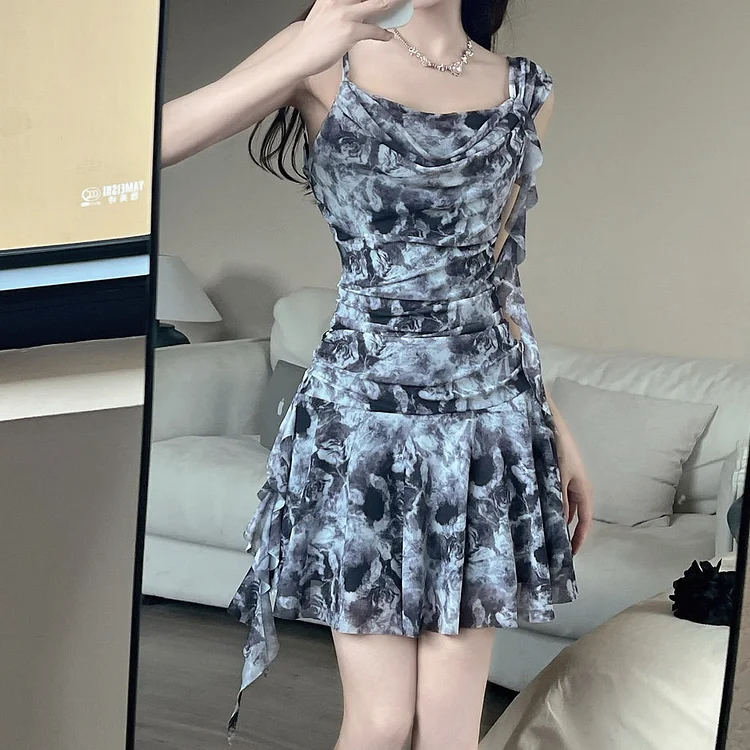 Mesh Print Ruffled Backless Camisole Dress
