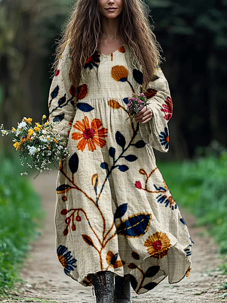 Boho Flowers Embroidered Linen Blend Maxi Dress wearshes