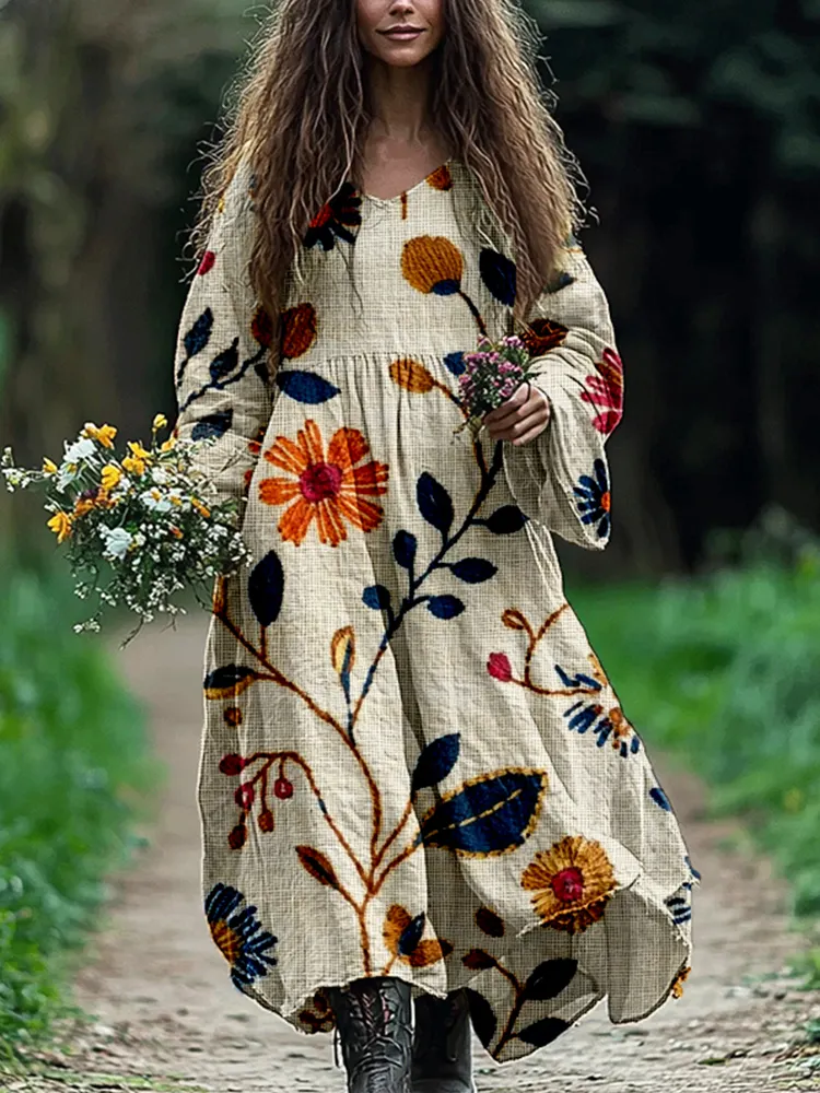 Boho Flowers Embroidered Linen Blend Maxi Dress