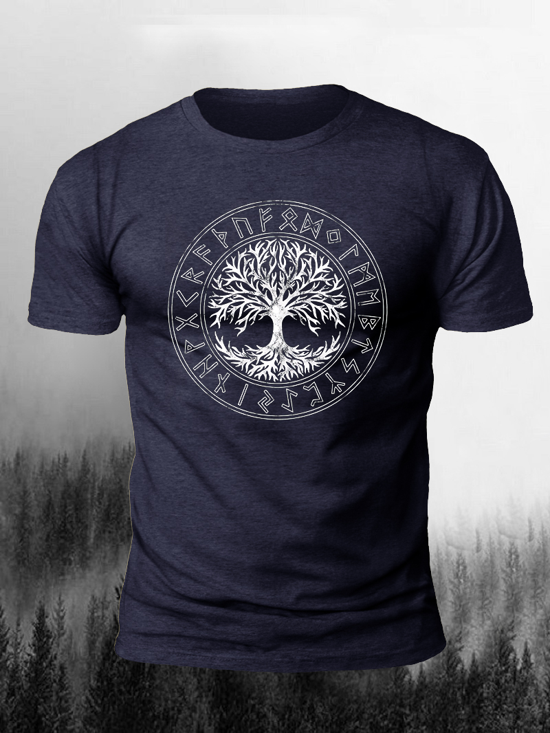 Yggdrasil Tree of Life with Norse Rune Print Short Sleeve T-Shirt