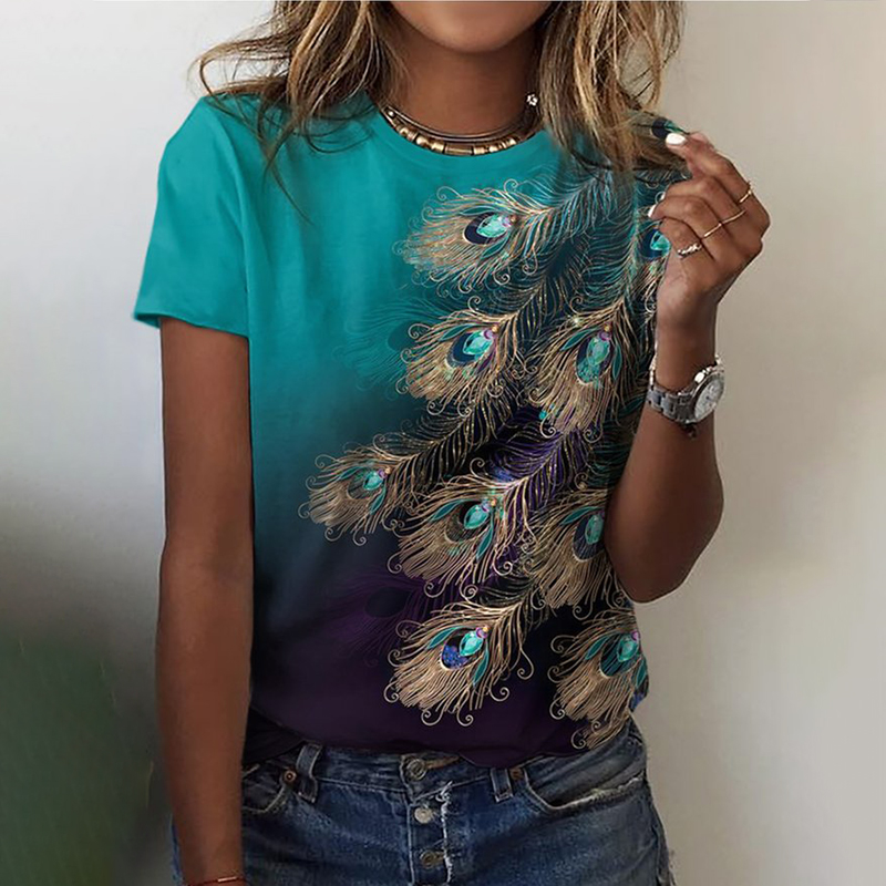 Peacock Feather Print Short Sleeve T-Shirt  artssus