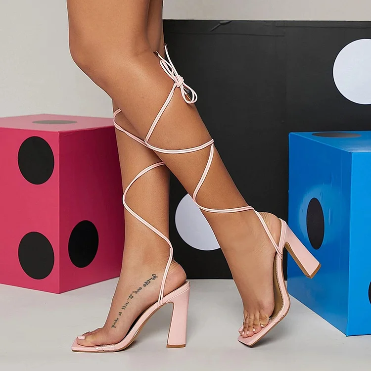 Pink Square Toe Wrap Sandals Women's Chunky Heels Transparent Shoes |FSJ Shoes