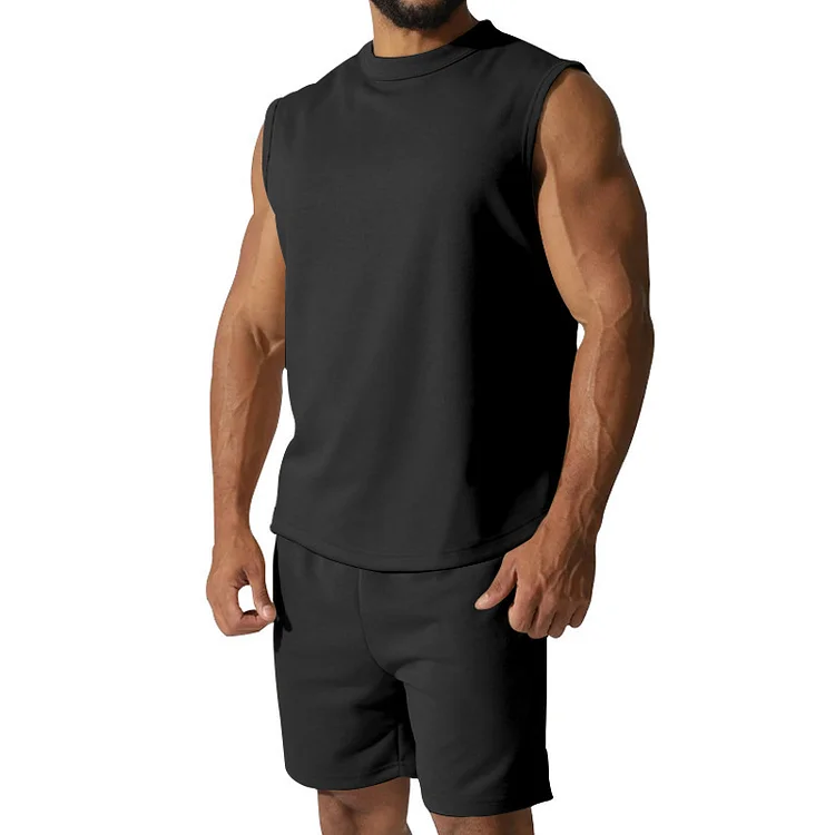 PASUXI Wholesale Men's Summer Sports Suit - Sleeveless Casual Thin Top & Solid Color Shorts Two-Piece Set huanwei