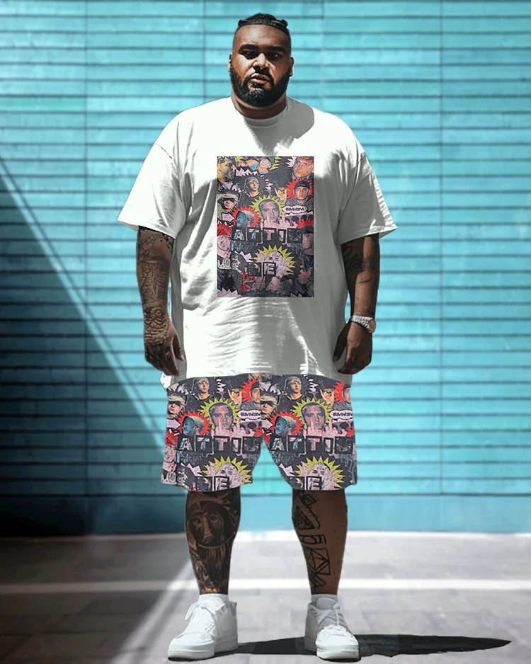 Rock Print T-Shirt Shorts Suit Men's Plus Size