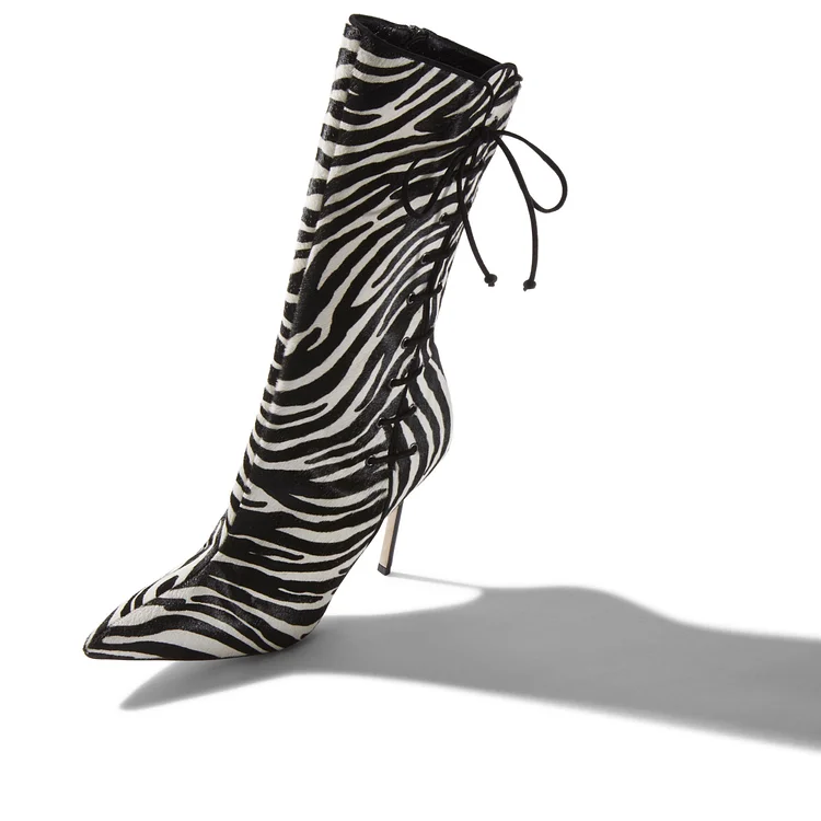Black and White Zebra Print Horsehair Mid-Calf Stiletto Boots Vdcoo