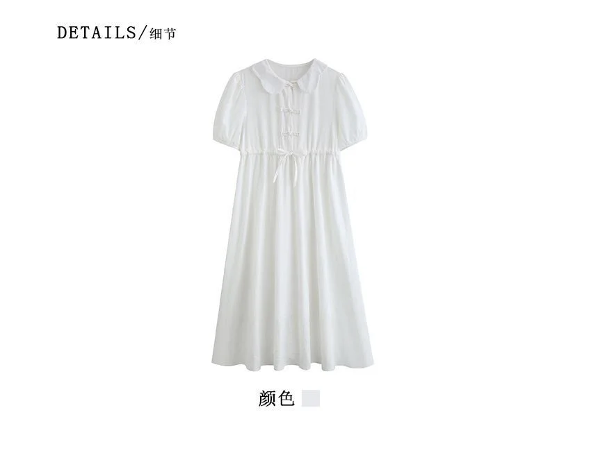 Short-Sleeve Frog Buttoned Midi A-Line Dress WE22