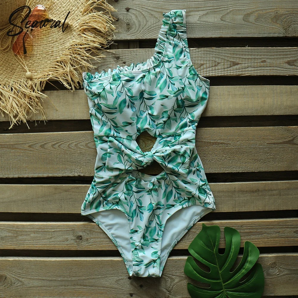 2020 Sexy One Piece Swimsuit One Shoulder Bandage Swimsuits Printi Swimwear Women Backless Bathing Suit Beachwear Monokini Swim