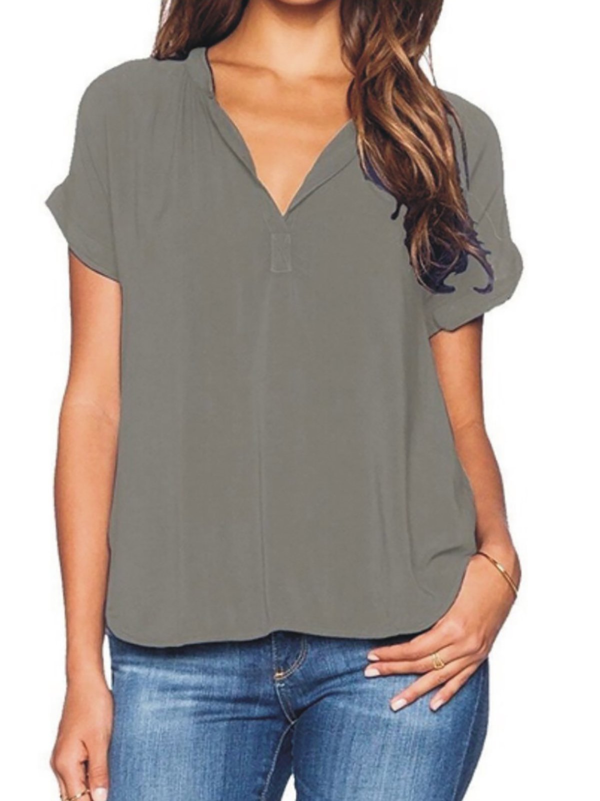 V Neck Casual Paneled Blouses