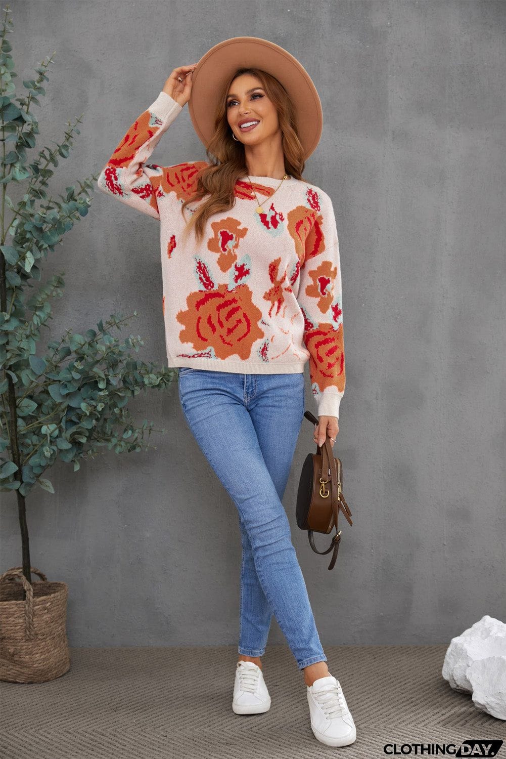 Floral Pattern Drop Shoulder Crew Neck Sweater