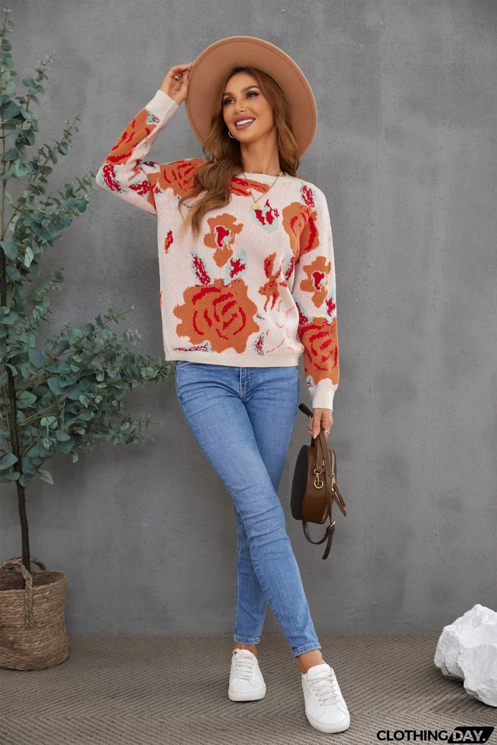 Floral Pattern Drop Shoulder Crew Neck Sweater