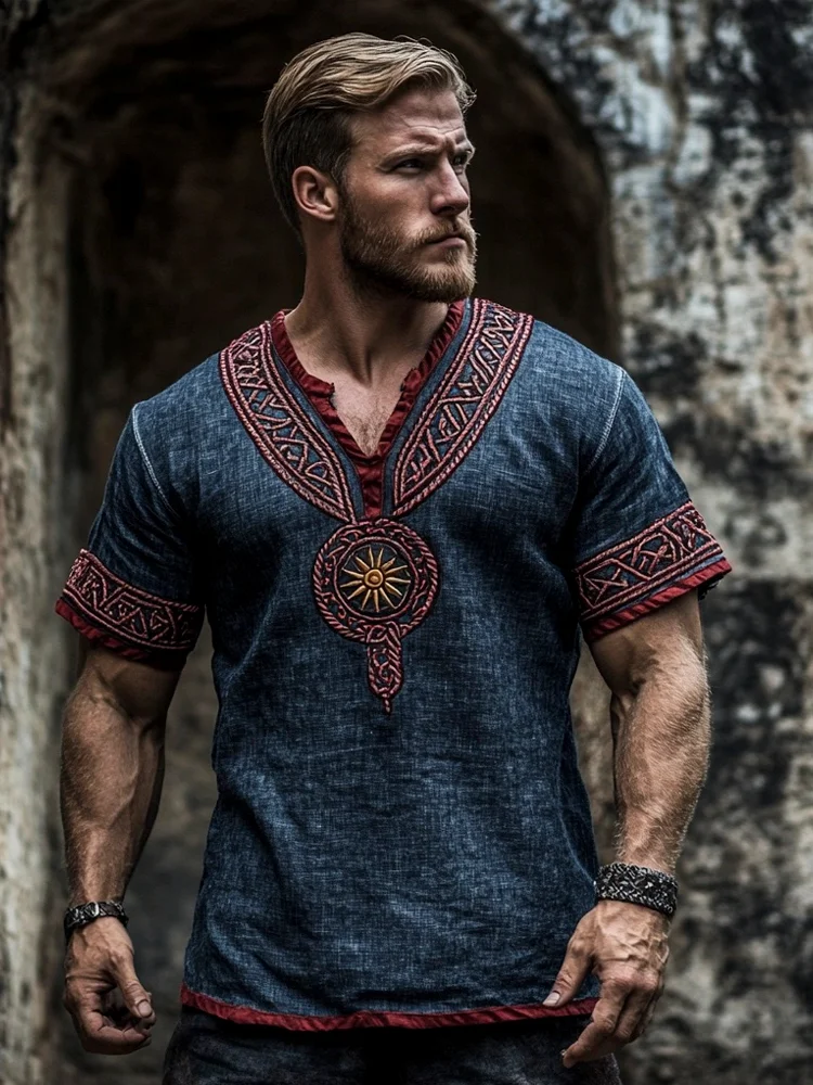 Men's Viking Art Print Pattern Knot Tree Of Life Linen T-shirt / Rvogue / Rvogue