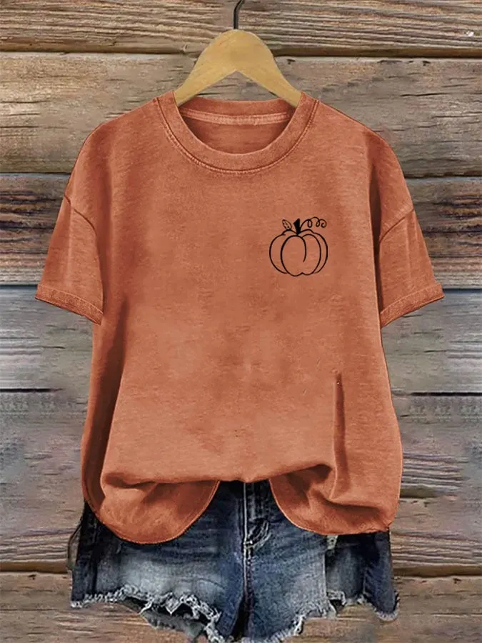 Women's Pumpkin Print Crew Neck T-Shirt 