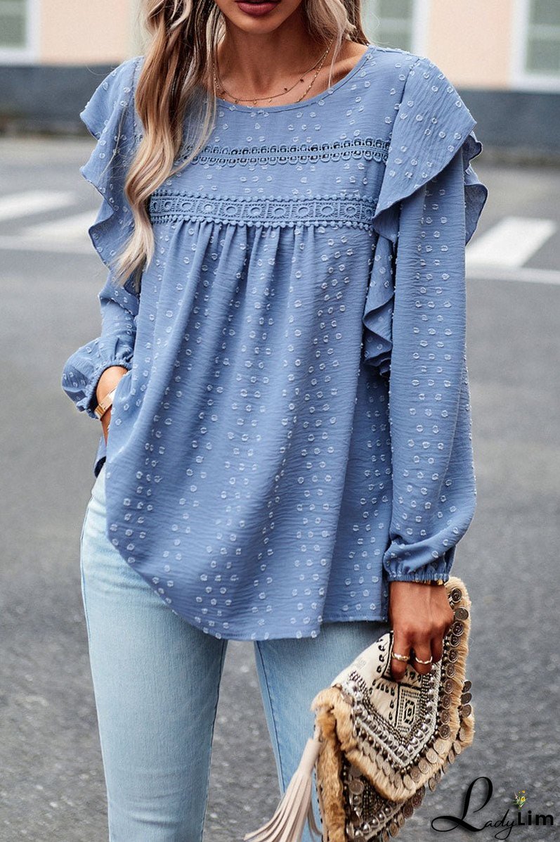 Long Sleeve Ruffle Round Neck Casual Tops