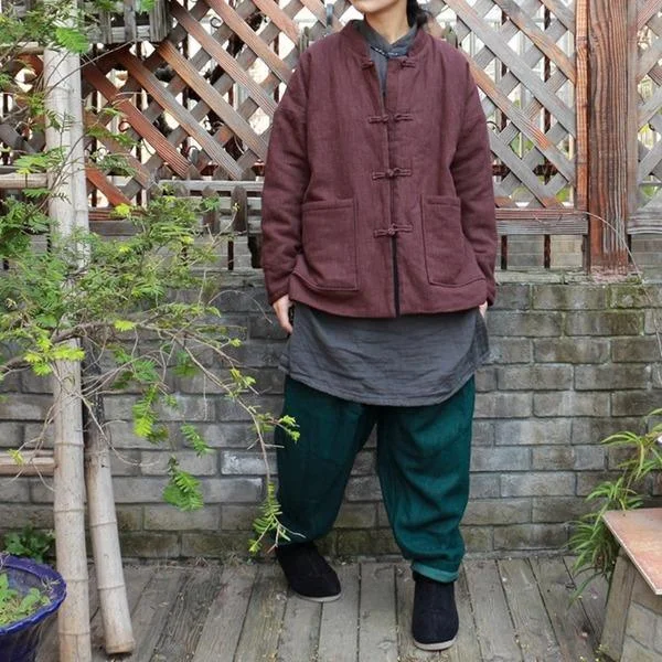 New Vintage Solid Color Cotton Linen Double Pockets Coats