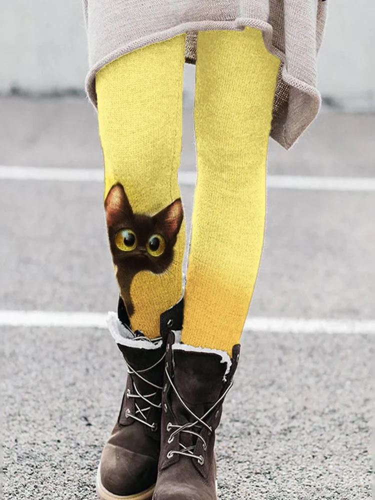 Lovely Peeking Black Cat Print Cozy Leggings