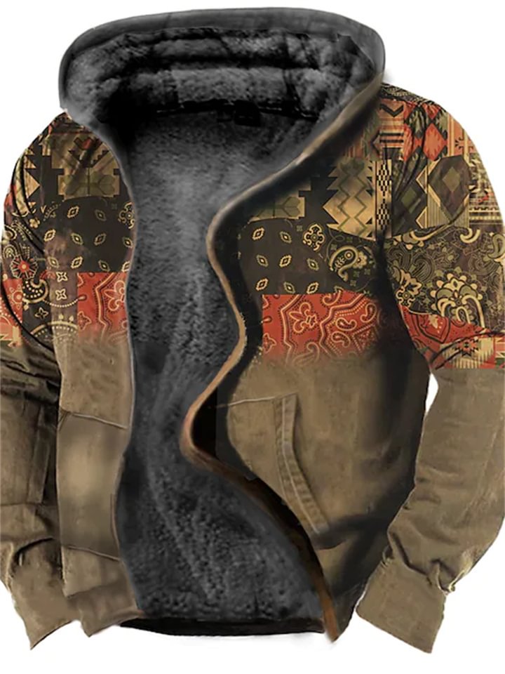 Men's Fleece Jacket Full Zip Hoodie Fleece Hoodie Sherpa Jacket Denim Blue Blue Yellow Camel Orange Hooded Tribal Graphic Prints Zipper Print Casual Daily Sports 3D Print Fleece Basic Designer Casual-Hoverseek