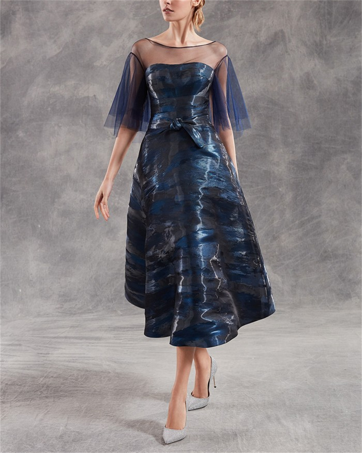 Women Blue Mesh Tiered Short Dress