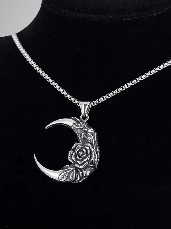 Titanium Steel Men's Moon Rose Pendant Necklace