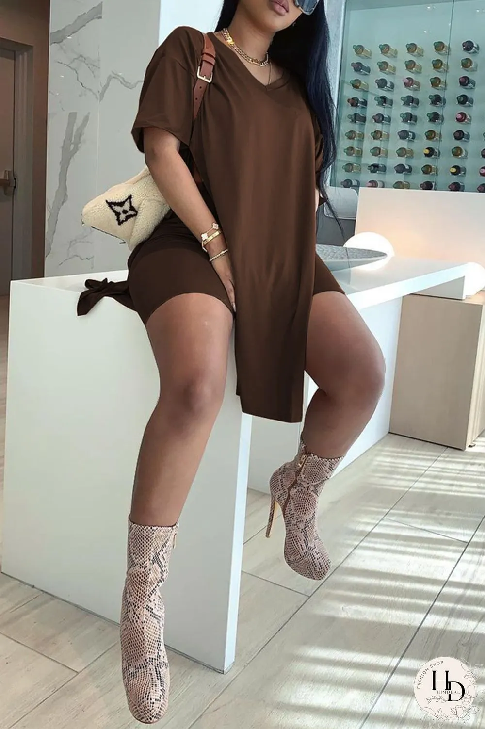 Coffee Fashion Casual Solid Slit V Neck Short Sleeve Two Pieces