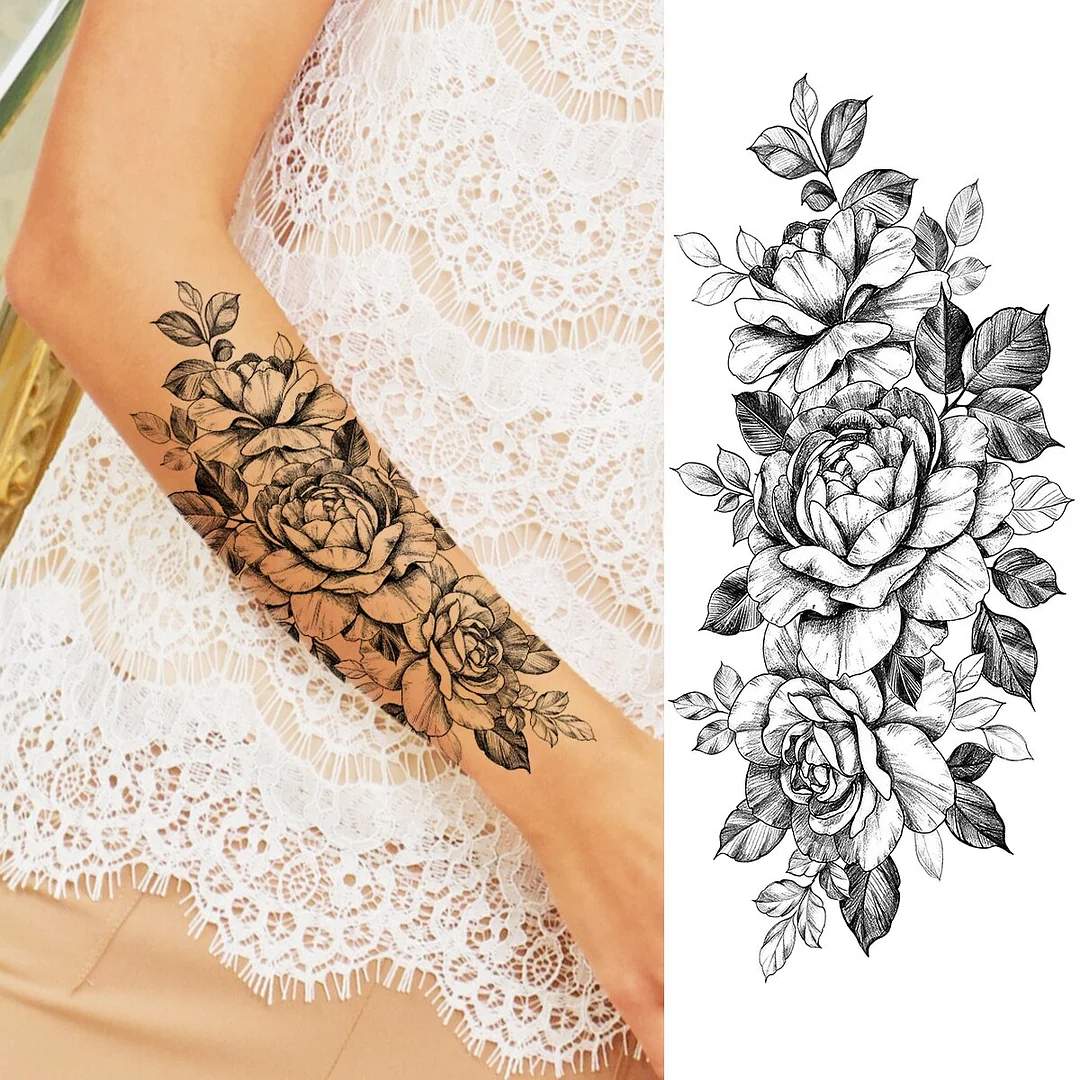 Sdrawing Peony Flower Moon Temporary Tattoos For Women Adult Rose Daisy Crown Fake Tattoo Fashion Washable Half Sleeve Tatoos