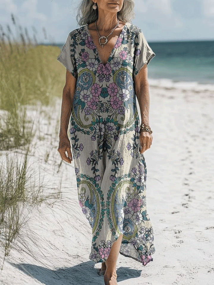 Women's Vintage Flower Art Print Pocket Cotton Dress