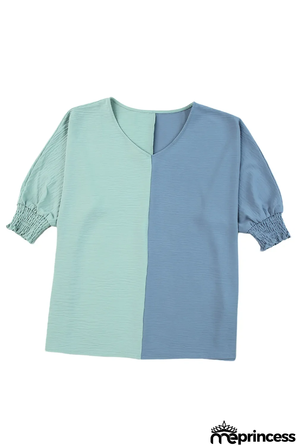 Green Color Block Shirred 3/4 Sleeve V Neck Top