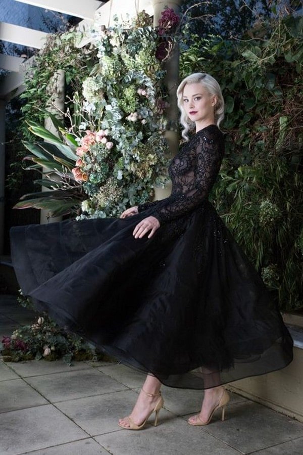 Bellasprom Amazing Black Bateau Long Sleeves Tea-length Wedding Gown With Lace Appliques