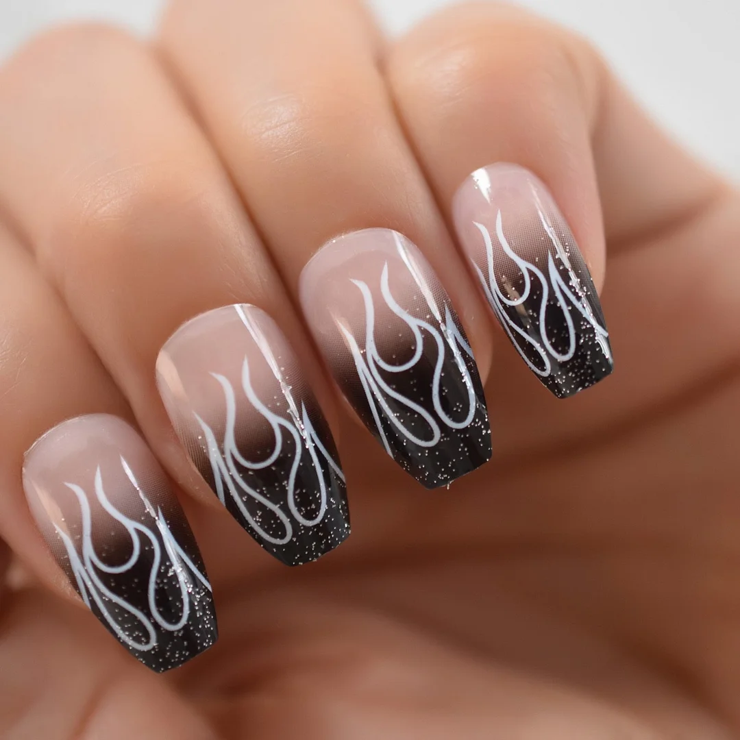 24Pcs/Set Grey Marble Design Lady Nails Acrylic Full False Nail Tips Nail Art Fake Nails Tools + Duo Side Sticker Z141-Nail Inspo