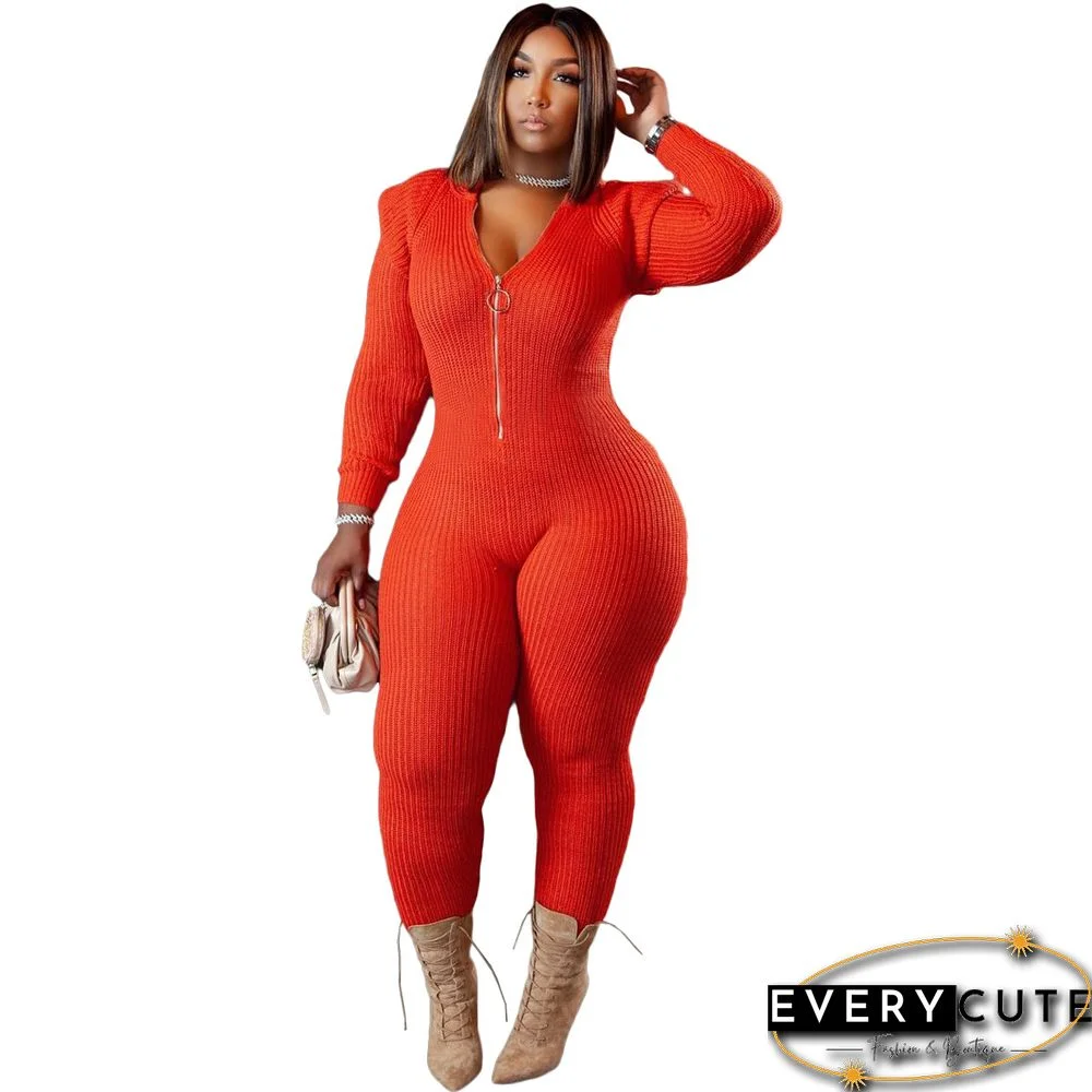 Knitted Long Sleeve Shoulder Padded Hooded Jumpsuit