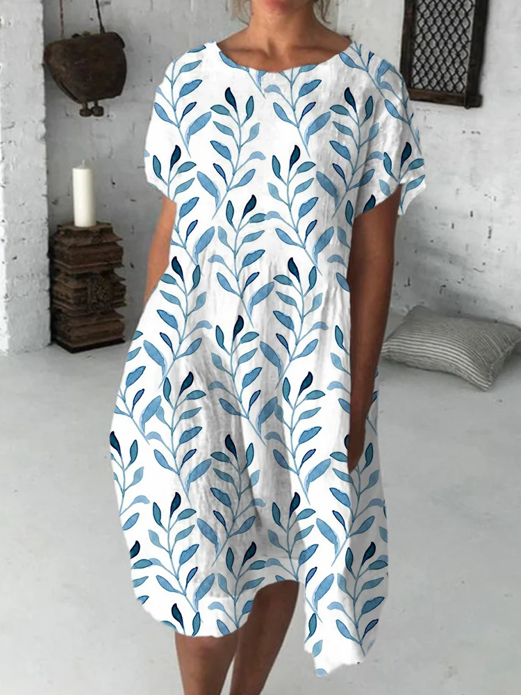 Blue Watercolor Leaves Short Sleeve Midi Dress