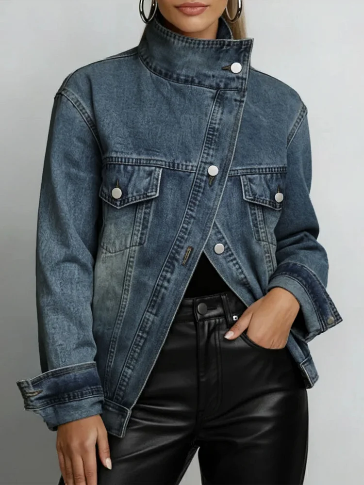 Women's Stand-collar Long-sleeved Loose-fitting Casual Denim Jacket