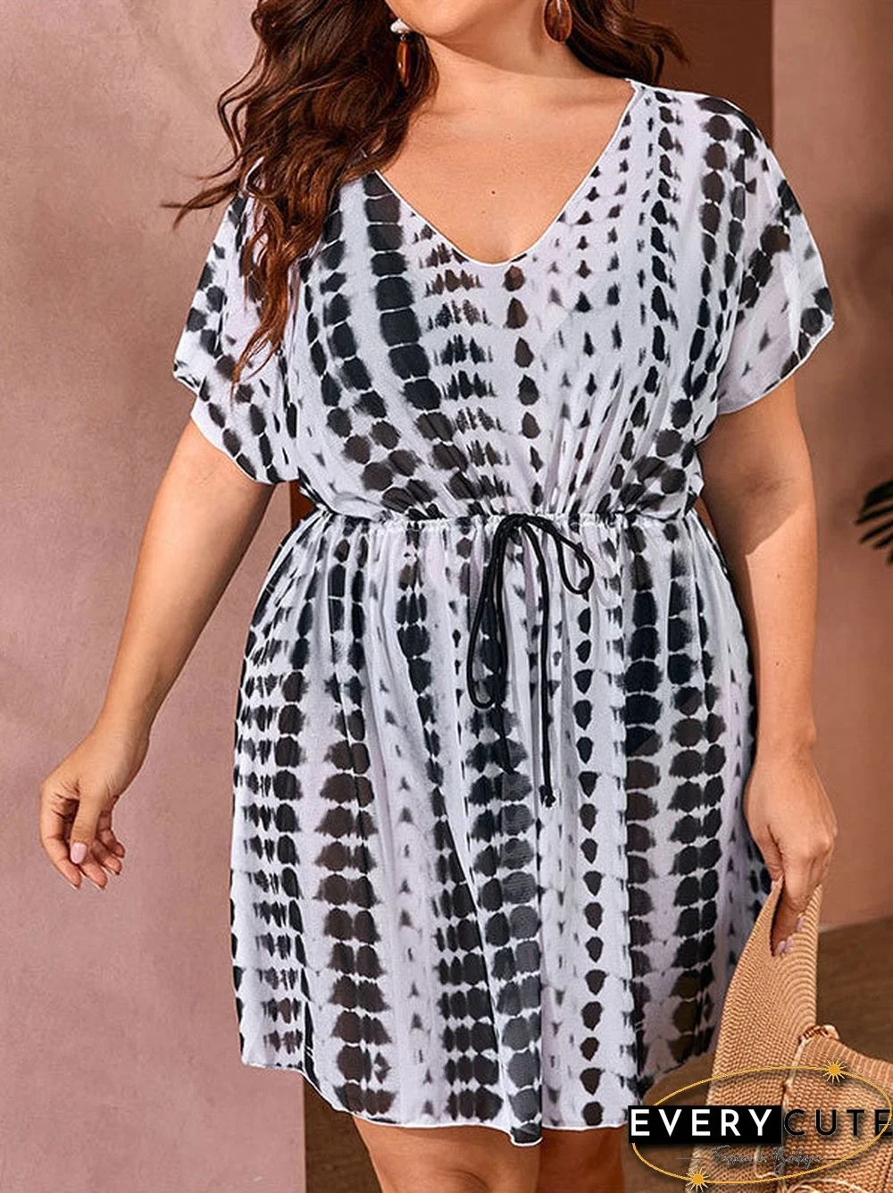 Plus Size Striped Printed Lace-up Cover Up