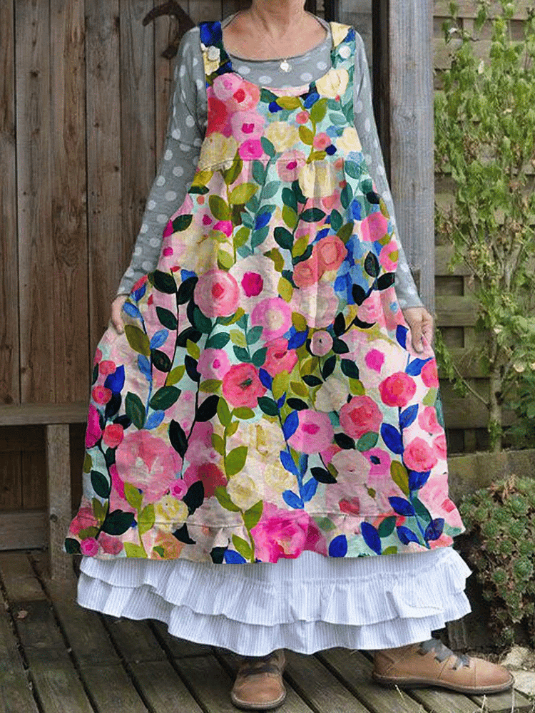 Women'S Retro Lovely Floral Art Print Casual Cotton Dress 