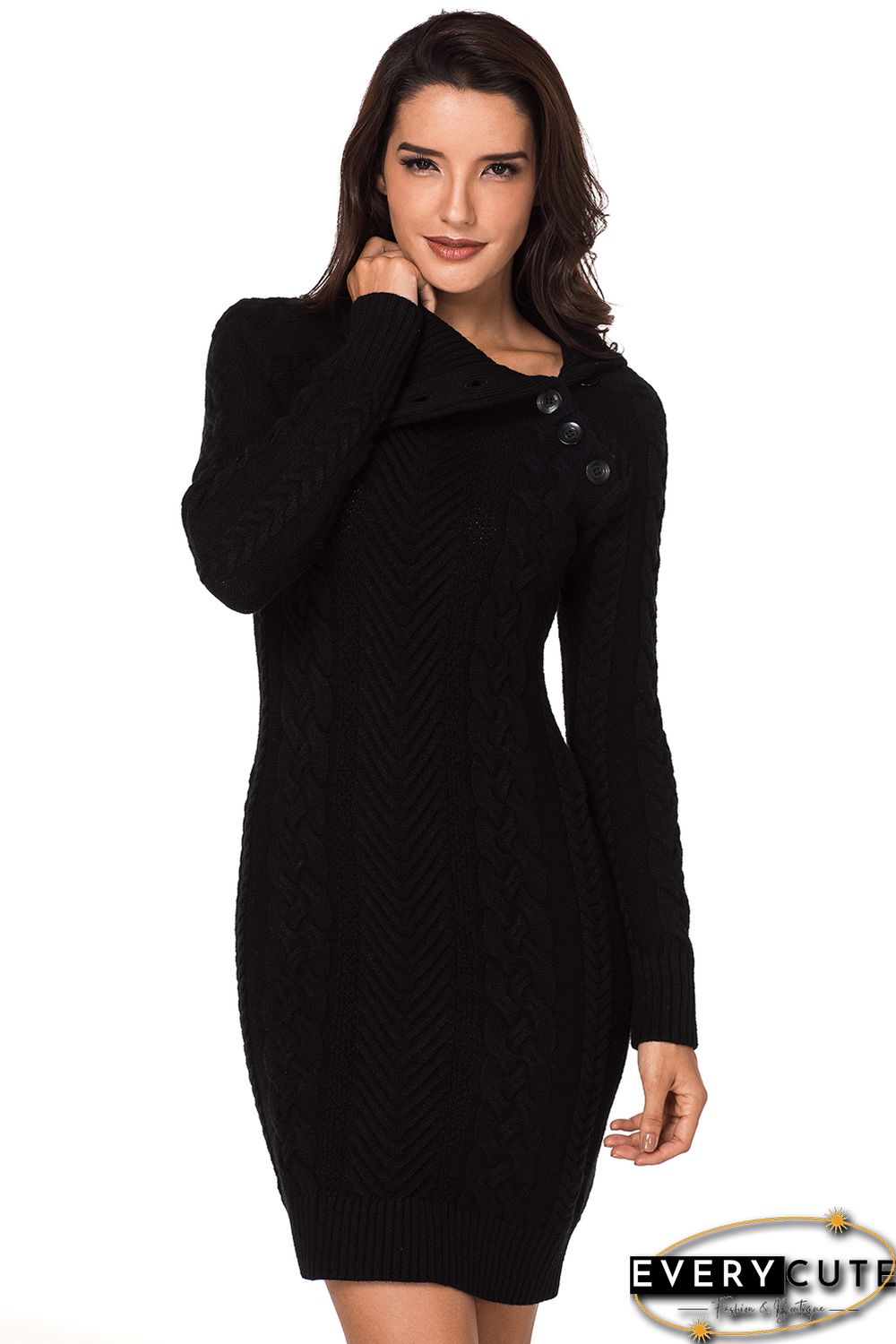 Asymmetric Buttoned Collar Black Bodycon Sweater Dress