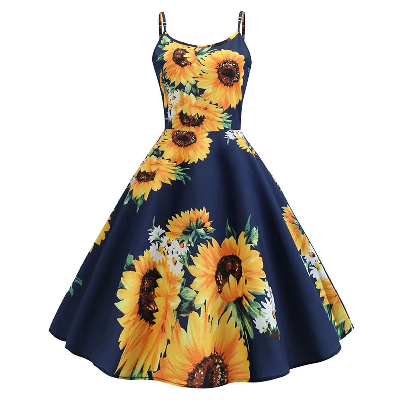 Churchf Sexy Spaghetti Strap Swing Vintage Rockabilly Dresses Floral Summer Beach Dress Women  White Boho Sunflower Midi Dresses-Outfit Ideas