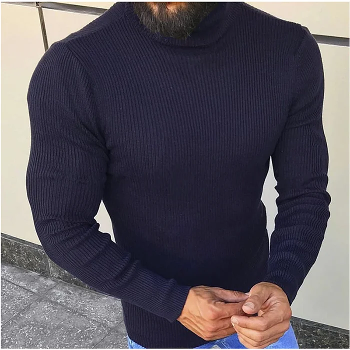 BrosWear Solid Turtleneck Knitted Top navy blue
