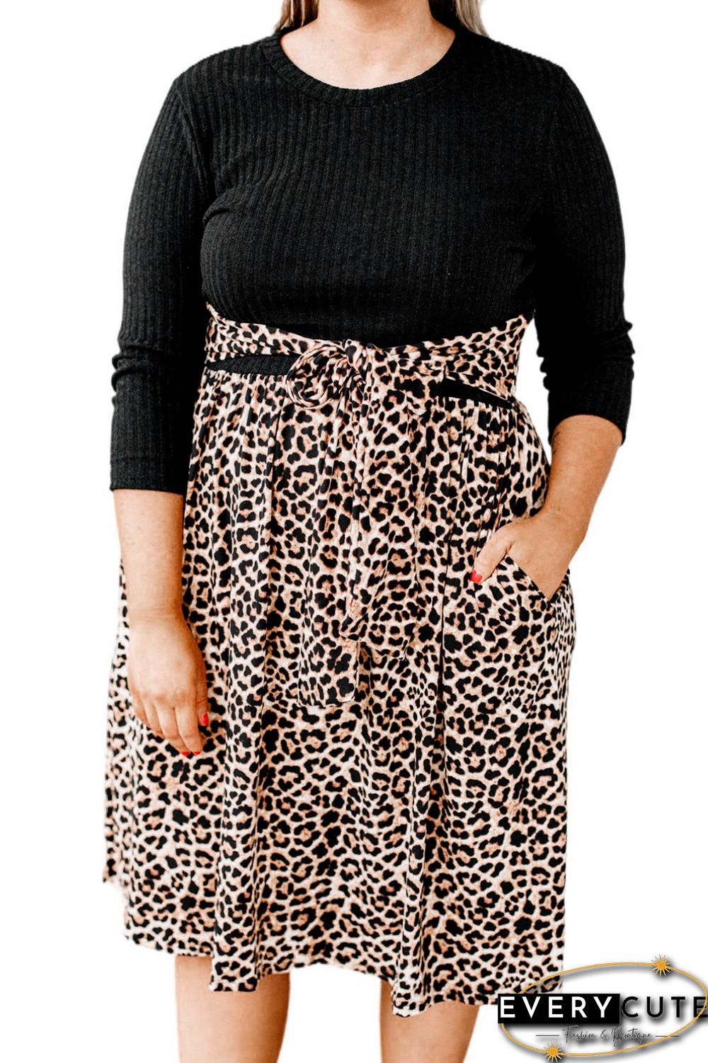 Ribbed Knit Leopard Plus Size Midi Dress