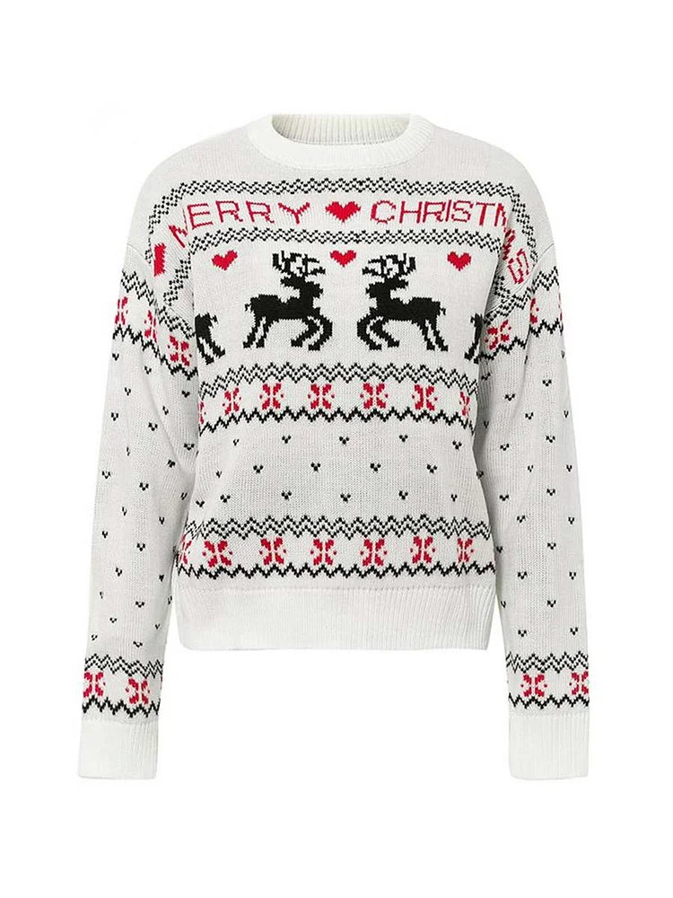 Mayoulove Christmas Sweater Chic Long-sleeved Print Knitted Pullover-Mayoulove